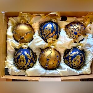 6 Frontgate Jeweled Ornament Collection - Royal Blue & Gold